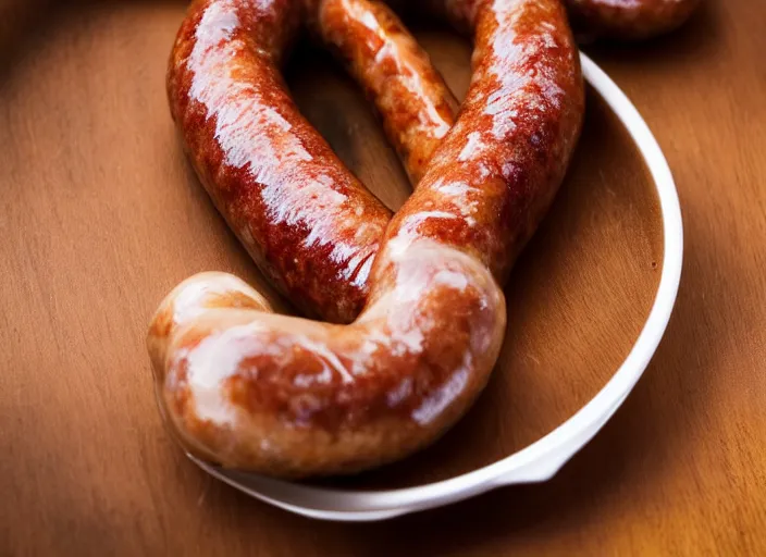 Image similar to A sausage eating a sausage. close up food photography, studio lighting, Sigma 35mm f/1.4