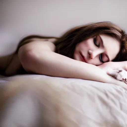 Image similar to a beautiful girl rests on a bed holding a cat, 5 0 mm lens, f 1. 4, sharp focus, ethereal, emotionally evoking, head in focus, volumetric lighting, blur dreamy outdoor,