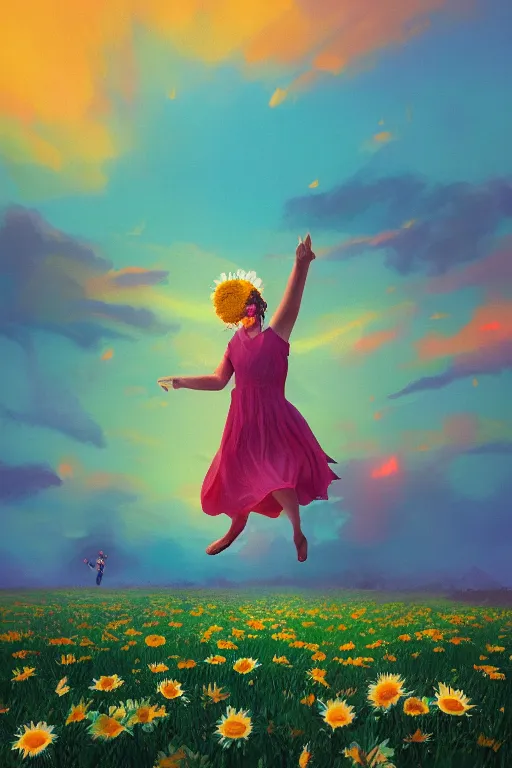 Prompt: giant daisies flower as head, girl jumping in a flower field, surreal photography, sunrise, dramatic light, impressionist painting, colorful clouds, digital painting, artstation, simon stalenhag