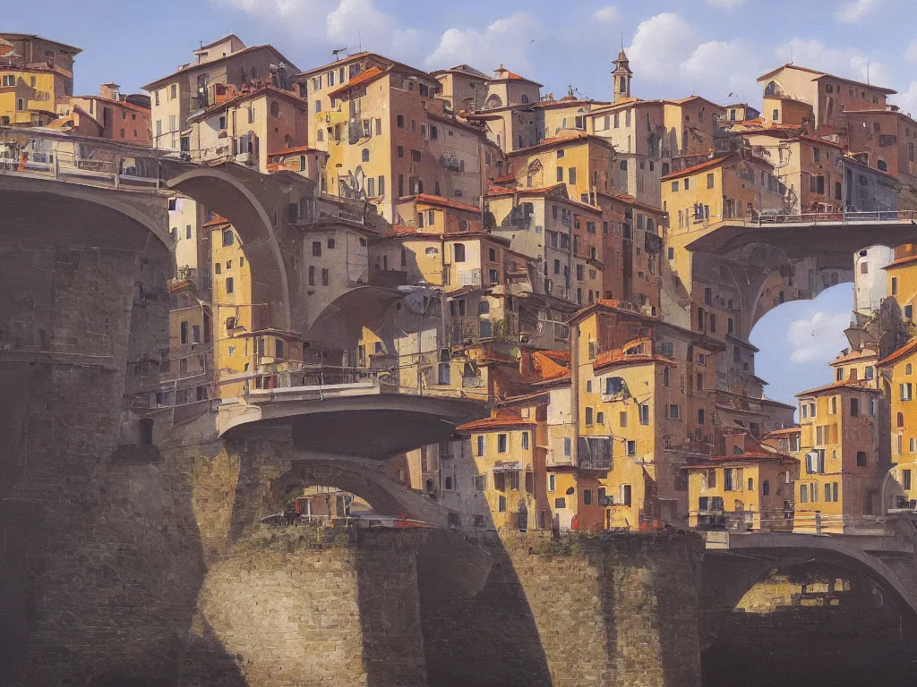 Image similar to A detailed oil painting of a beautiful Italian town and bridge by Michiel Schrijver, isometric