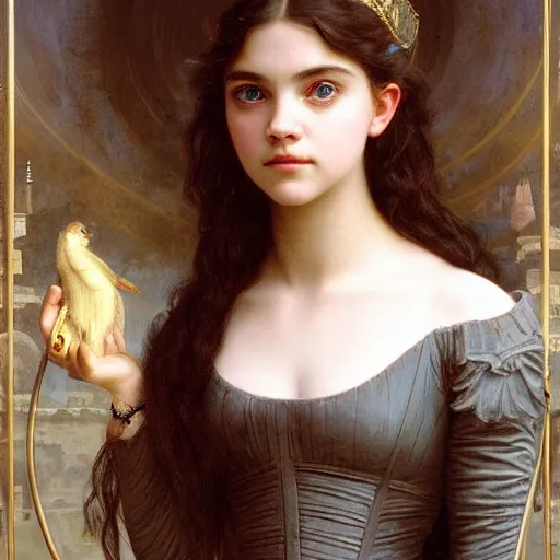 Prompt: detailed portrait painting of a princess who resembles Anya Taylor Joy, Chloe Grace Moretz, and Emma Watson in a steampunk cathedral by Michael Whelan, William Adolphe Bouguereau, John Williams Waterhouse,