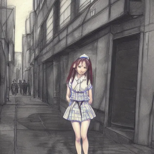 Image similar to an ultra-detailed perfect, realistic professional digital sketch of a Japanese schoolgirl posing in a sci-fi alleyway, style of Marvel, full length, by pen and watercolor, by a professional American senior artist on ArtStation, a high-quality hollywood-style sketch, on high-quality paper