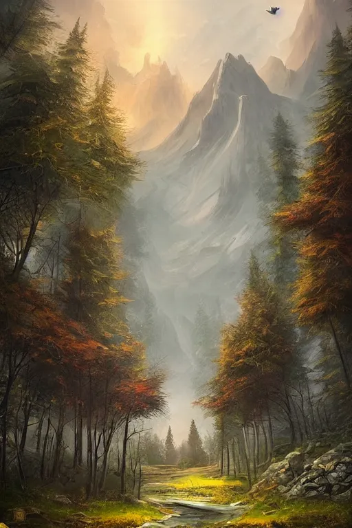 Image similar to beautiful matte painting style dark academia, street art fantasy path mountains and meadow in the background near a lake reflecting the trees, atmospheric lighting, painted, intricate, volumetric lighting, beautiful, rich deep colors masterpiece, sharp focus, ultra detailed by