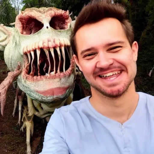 Image similar to a selfie of a guy smiling while standing next to a horrifying creature