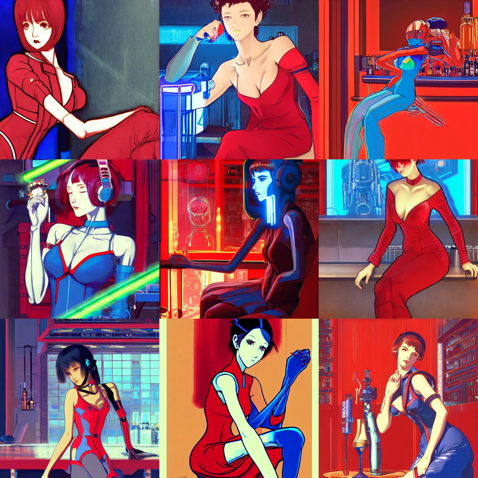 Prompt: gynoid sitting in a cyberpunk bar, red dress, blue neon, finely illustrated face, highly detailed, colored pencil, studio ghibli, tankobon, in the style of ilya kuvshinov and krenz cushart and william - adolphe bouguereau and alphonse mucha