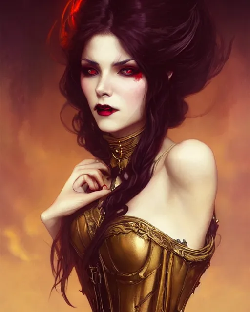 Image similar to female vampire, perfect face, gold corset, cinematic, stunning, highly detailed, digital painting, artstation, smooth, hard focus, illustration, art by artgerm and greg rutkowski and alphonse mucha