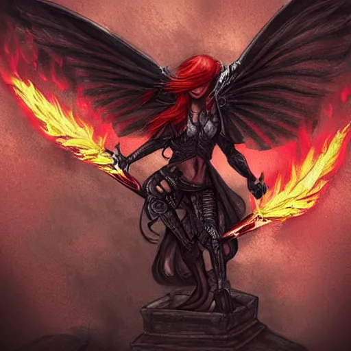 Prompt: “winged, red haired woman, gargoyle, flaming sword, full plate armor, fantasy drawing, concept art”