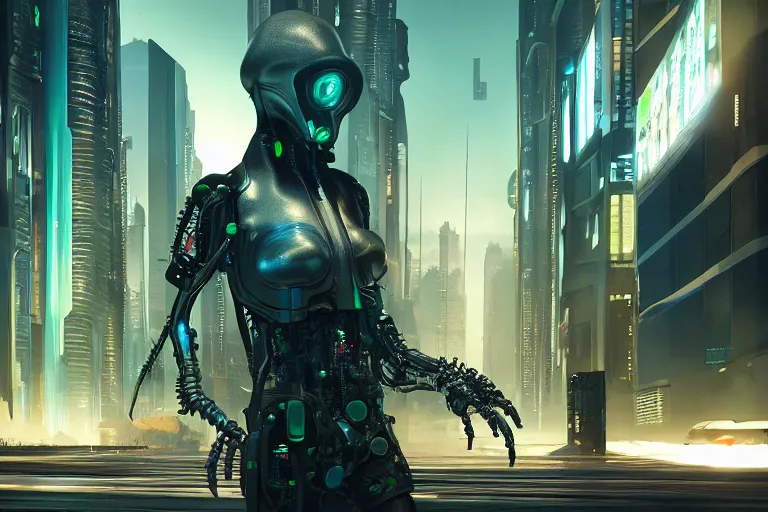 Image similar to cyberpunk alien concept inspired street, futuristic look, highly detailed body, very powerful, photorealistic camera shot, bright studio setting, studio lighting, crisp quality and light reflections, unreal engine 5 quality render