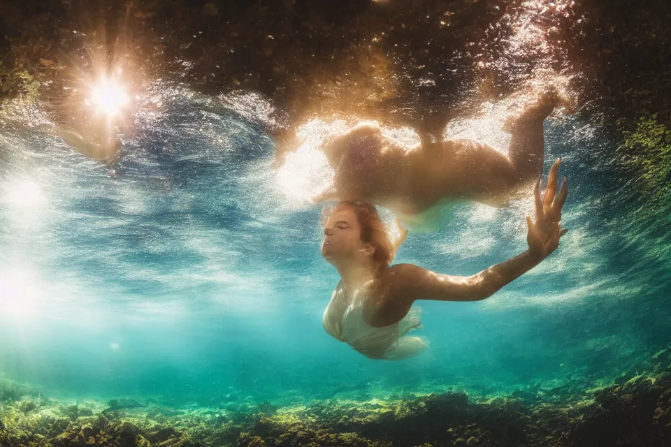Prompt: wide angle view, underwater looking up, woman model swimming in large tall rock trench , toward the sun rays and caustics, film , cinematic, underwater photography