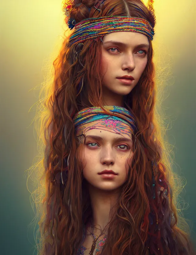 Image similar to portrait of a young woman wearing boho clothing, hippie girl, long hair, groovy hairband, bangs, woodstock background, intricate, smooth, groovy lighting, highly detailed, digital painting, artstation, concept art, smooth, sharp focus, illustration, art by wlop, mars ravelo and greg rutkowski