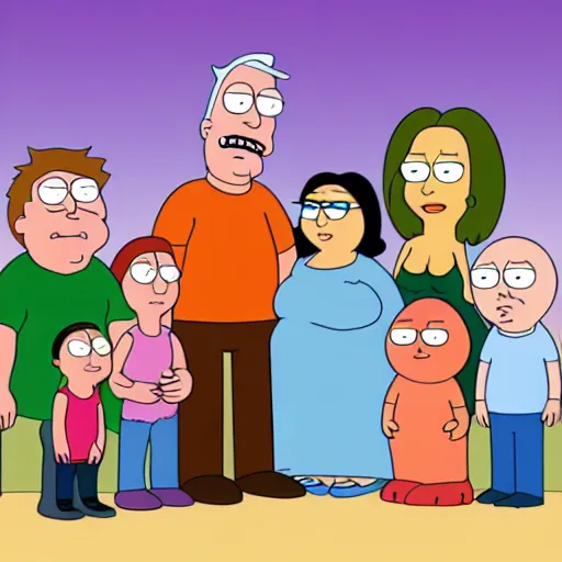 Image similar to family guy family portrait by justin roiland, style of rick and morty, justin roiland, cartoon, detailed, 8 k