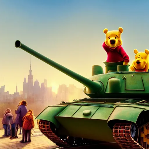 Prompt: winnie the pooh protesters sit down in front of tank at tiananman square, cute and cuddly, highly detailed, photorealistic, octane render, 8 k, unreal engine. art by artgerm and greg rutkowski and alphonse mucha