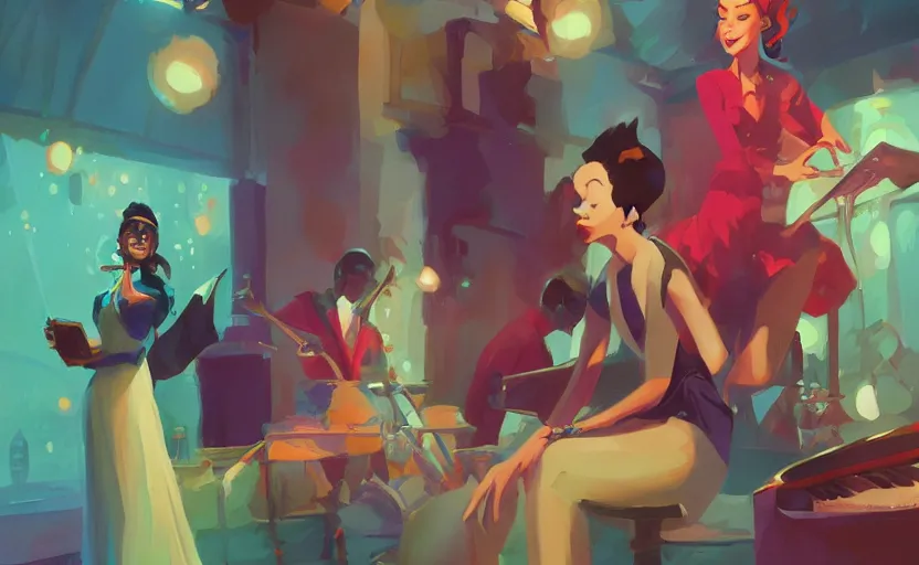 Image similar to the enchanted jazz band party with musicians and a glamorous female singer, behance hd artstation by jesper ejsing, by rhads, makoto shinkai and lois van baarle, ilya kuvshinov, ossdraws