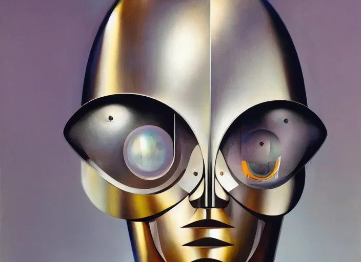 Image similar to a portrait headshot of sci fi metallic human, bright eyes, melancholic complex geometric figure liminal machinery by oskar schlemmer, moebius, john berkey, film grain, oil on canvas, portrait facial head, featured on artstation, hd wallpaper, 8 k, bright colors