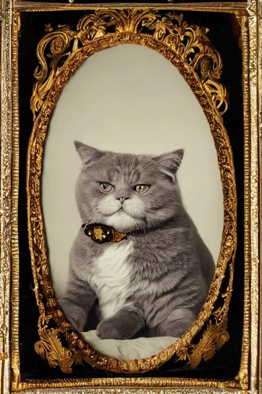 Image similar to a magnificent tintype portrait of a fluffy fat cat on an embroidered velvet cushion on a neo - rococo gilded little bed with precious stones, balls of yarn, by david lachapelle, photorealistic, photography, wide shot