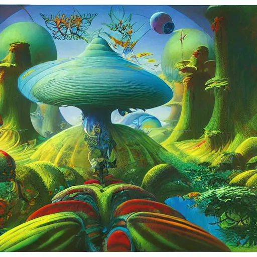 Prompt: fairie forest by kilian eng, chris foss, rodney matthews, robert mccall, jacek yerka and vladimir kush, oil on canvas