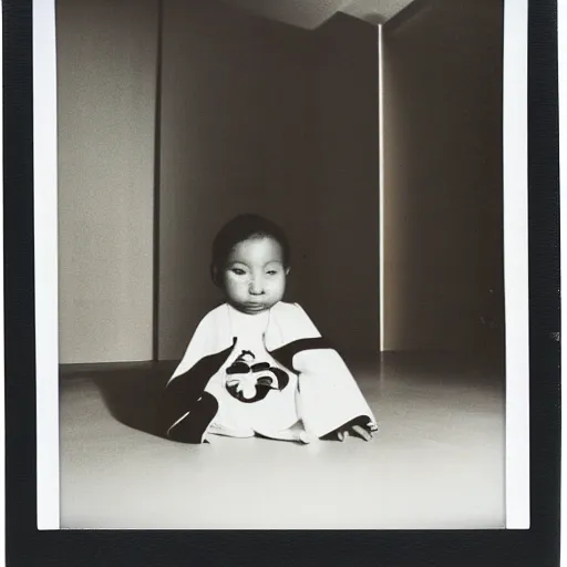 Image similar to a baby girl sitting in a living room designed by yohji yamamoto, polaroid