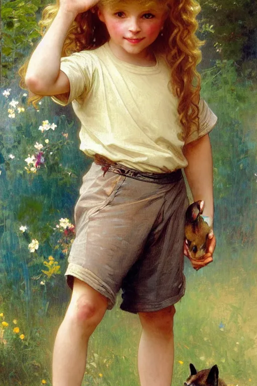 Image similar to a seven - year old with curly dirty blonde hair, blue eyes, tan skin a tee shirt and shorts, playing with foxes, painting by daniel gerhartz, alphonse mucha, bouguereau, detailed art, artstation