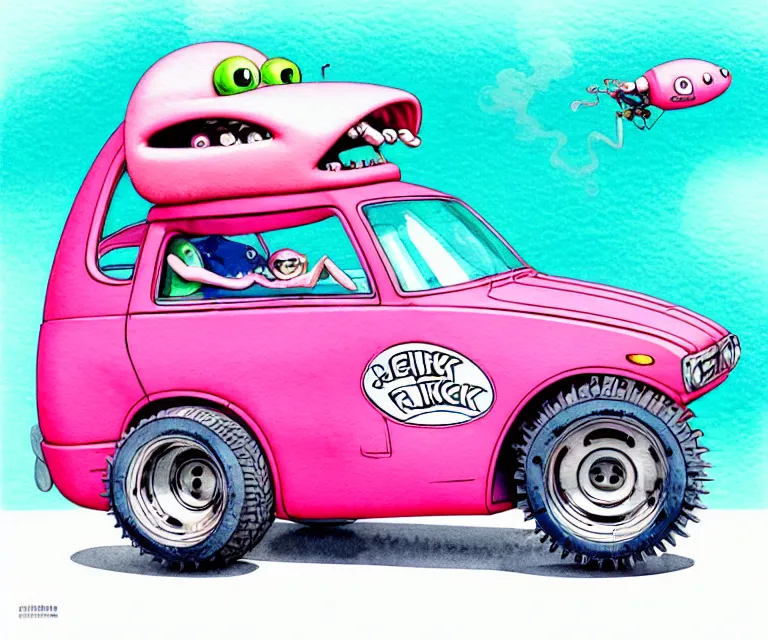 Image similar to cute and funny, pink colored squid wearing goggles riding in a tiny hot rod with oversized engine, ratfink style by ed roth, centered award winning watercolor pen illustration, isometric illustration by chihiro iwasaki, edited by range murata, tiny details by artgerm and watercolor girl, symmetrically isometrically centered