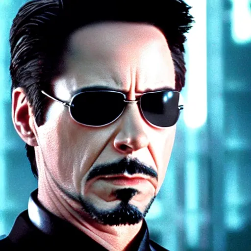 Image similar to cinematic still of Tony Stark in The Matrix (1999), XF IQ4, f/1.4, ISO 200, 1/160s, 8K, RAW, dramatic lighting, symmetrical balance, in-frame