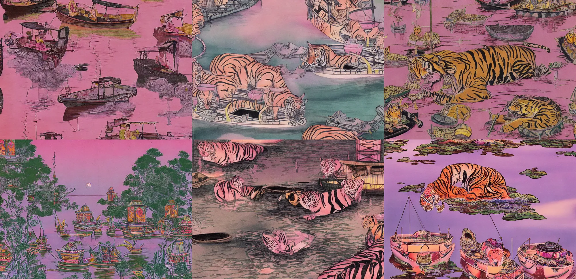 Prompt: tigers retro boats on river asian lanterns pink hues, surrealism, ornate, oriental