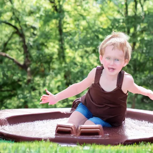 Prompt: adult sliding down chocolate pudding slide legs first, professional photo taken at the park