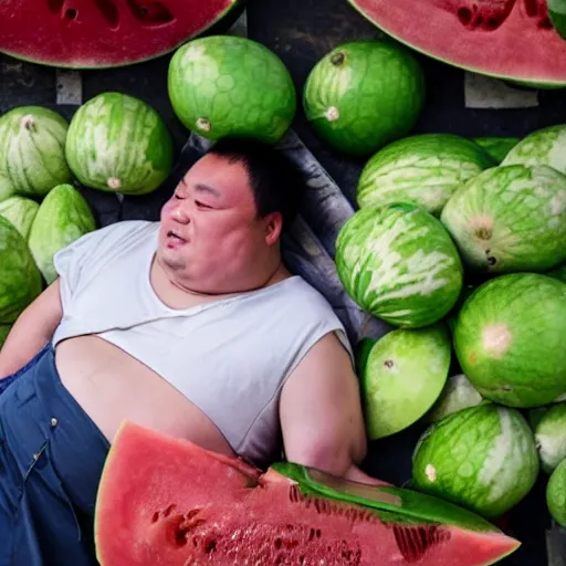 Image similar to a chinese fat guy lay on the ground with blood in a melon stall