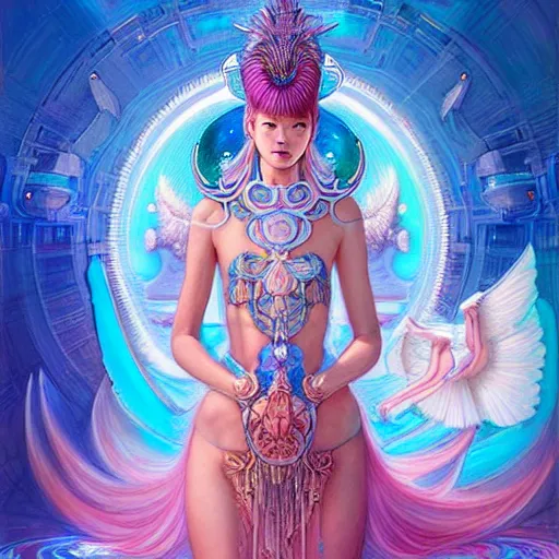 Prompt: Lalisa Manobal as a beautiful celestial pearlescent Goddess wearing a futuristic lush Greek battlesuit exposed in cryo chambers by James Jean, royal blue and pink theme, intricate, elegant, highly detailed, centered, digital painting, artstation, concept art, smooth, sharp focus, illustration, by Peter Mohrbacher, WLOP