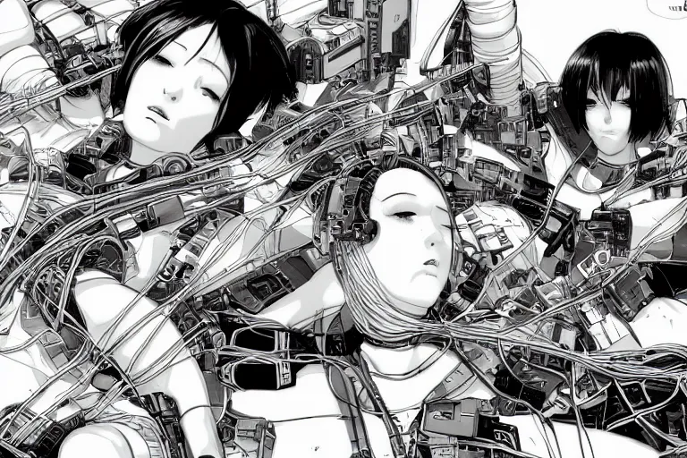 Image similar to a cyberpunk illustration of a group of three coherent female androids in style of masamune shirow, lying on an empty, white floor with their bodies broken scattered rotated in different directions and cables and wires coming out, by yukito kishiro and katsuhiro otomo, hyper-detailed, intricate