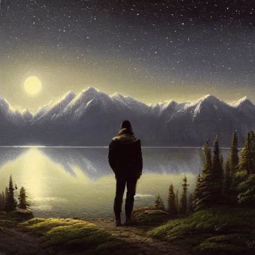 Image similar to A beautiful!!! painting of A man standing by a lake looking at snow-capped mountains in the distance, In the evening the stars shine and the moonlight shines on the lake,beautiful!!!!! sky,Landscapes.hyper detailed,8K Resolution.In style of Greg Rutkowski, by Vania Zouravliov