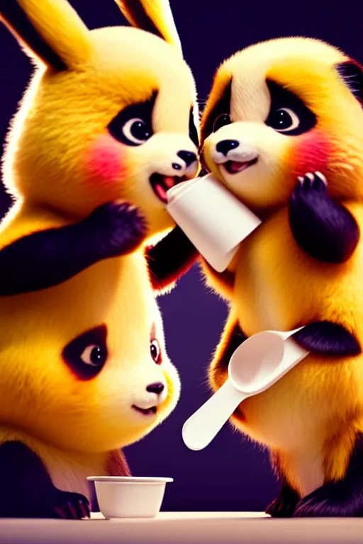 Prompt: high quality 3 d render hyperrealist very cute happy panda & fox hybrid eating ice cream, vray smooth, in the style of detective pikachu, very dramatic light, low angle, uhd 8 k, shallow depth or field