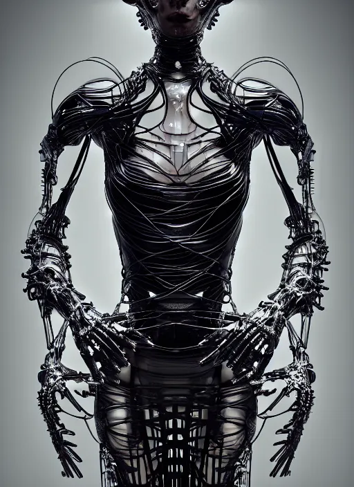 Image similar to iris van herpen gothic inflateble dark dress, perfect symmetrical body, helmet on face, full body shot, inflateble shapes, wires, tubes, veins, jellyfish, white biomechanical details, wearing epic bionic cyborg implants, masterpiece, intricate, biopunk, vogue, highly detailed, artstation, concept art, cyberpunk, octane render