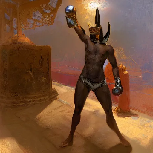 Image similar to anubis as a boxer ready to take on the world champ, boxing ring, strong spotlights, 4 k, trending on artstation, by gaston bussiere, craig mullins, artgerm, greg rutkowski, alphonse mucha