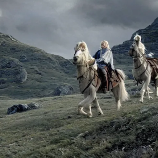 Prompt: still from lord of the rings showing the ride of the rohirrim, riding toward minas tirith on alpacas