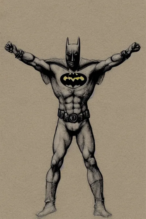 Image similar to vitruvian batman by leonardo da vinci, pencil sketch, sepia background, detailed, proportional, trending on art station, 4k