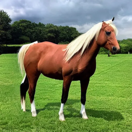 Prompt: ( donald trump × horse ) in a pasture