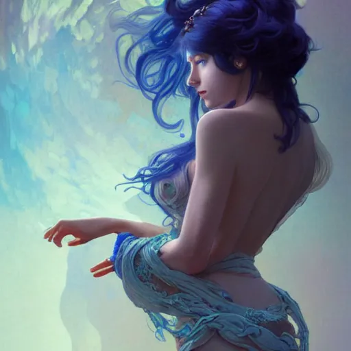 Image similar to goddess, blue hair, intricate, elegant, ethereal, highly detailed, retro, digital painting, artstation, concept art, smooth, sharp focus, full body shot, illustration, art by artgerm and greg rutkowski and alphonse mucha