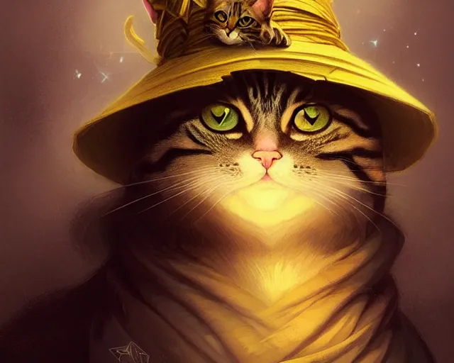 Image similar to a mind - blowing portrait of a cat wizard, yellow wizard hat, deep focus, d & d, fantasy, intricate, elegant, highly detailed, digital painting, artstation, concept art, matte, sharp, illustration, hearthstone, art by artgerm and greg rutkowski and alphonse mucha