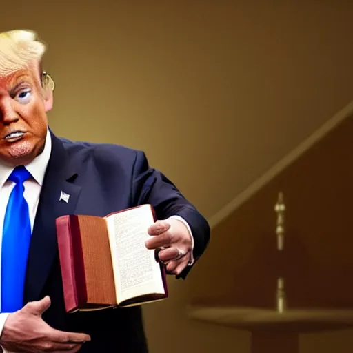 Image similar to Cinematic still of Donald Trump holding a Bible, speaking in a Baptist church in rural Alabama