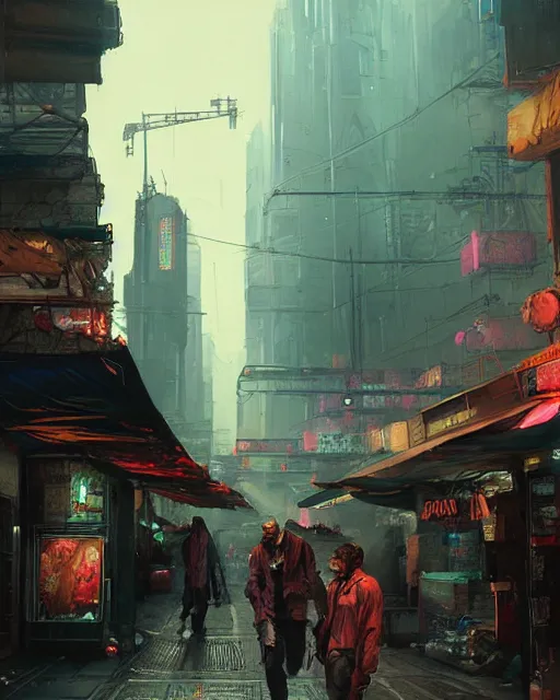 Prompt: a highly detailed epic cinematic concept art CG render digital painting artwork: cyberpunk street market. By Greg Rutkowski, in the style of Francis Bacon and Syd Mead and Norman Rockwell and Beksinski, open ceiling, highly detailed, painted by Francis Bacon and Edward Hopper, painted by James Gilleard, surrealism, airbrush, Ilya Kuvshinov, WLOP, Stanley Artgerm, very coherent, triadic color scheme, art by Takato Yamamoto and James Jean