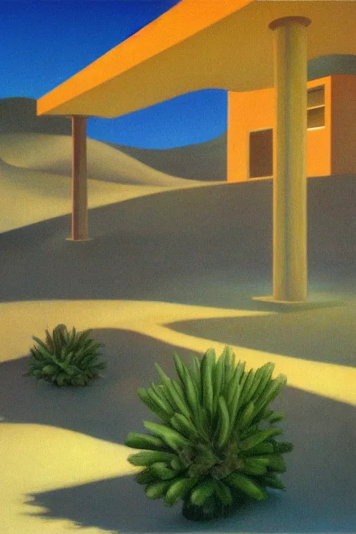 Prompt: liminal vaporwave desert oasis surrealism dream, painted by Edward Hopper, airbrush