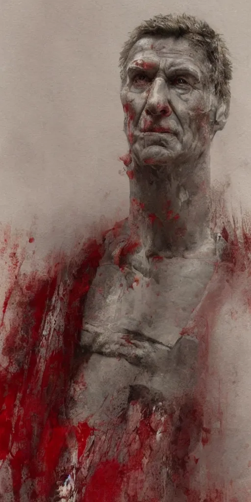 Image similar to the end is near. a tired julius caesar is sitting on his throne. face is highly detailed. splices of red are running down his toga. mist. color scheme red. low angle medium shot. imagined by jeremy lipking