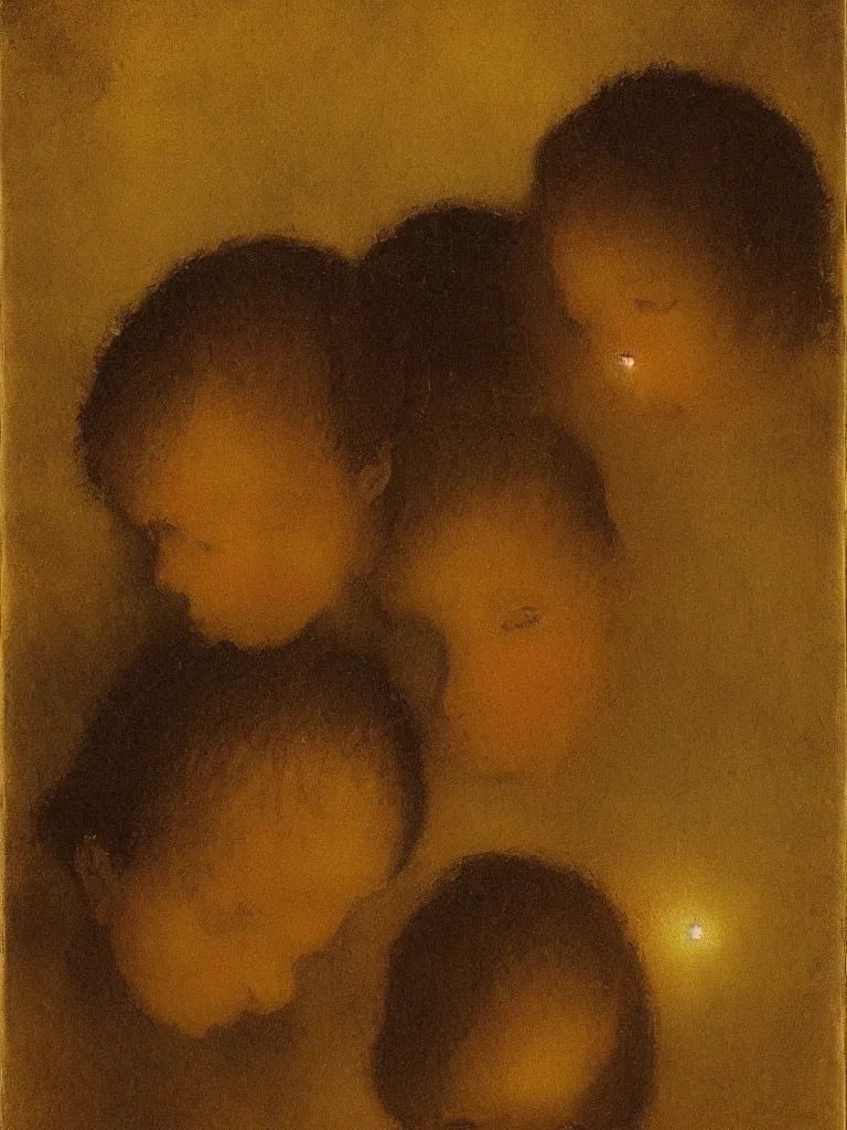 Image similar to backlit portrait of 2 kids at night, by odilon redon, high definition, intricate details, atmospheric, vegetation, small town