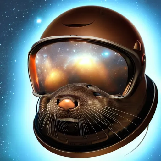 Prompt: a realistic portrait of an otter wearing a space helmet and visor set against a space and nebula background, trending on artstation, ultra detail, photorealistic, fine detail, cgi, zbrush, global illumination, studio lighting