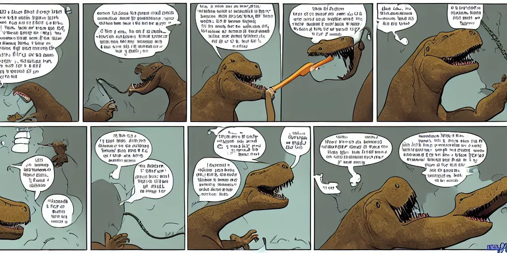 Image similar to t-rex trying to brush its teeth, comic,