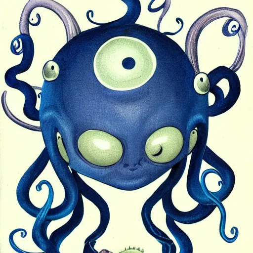 Image similar to character design of an adorable baby faced alien portrait with tentacles on the sides of it's mouth, blue, tiny horns