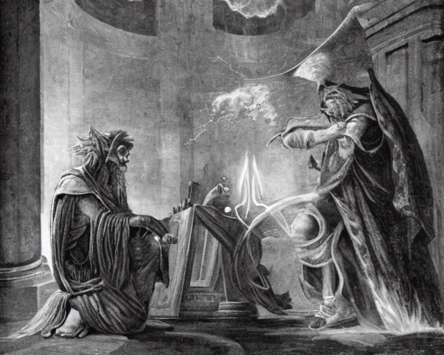 Prompt: a warlock creating spells in the pantheon