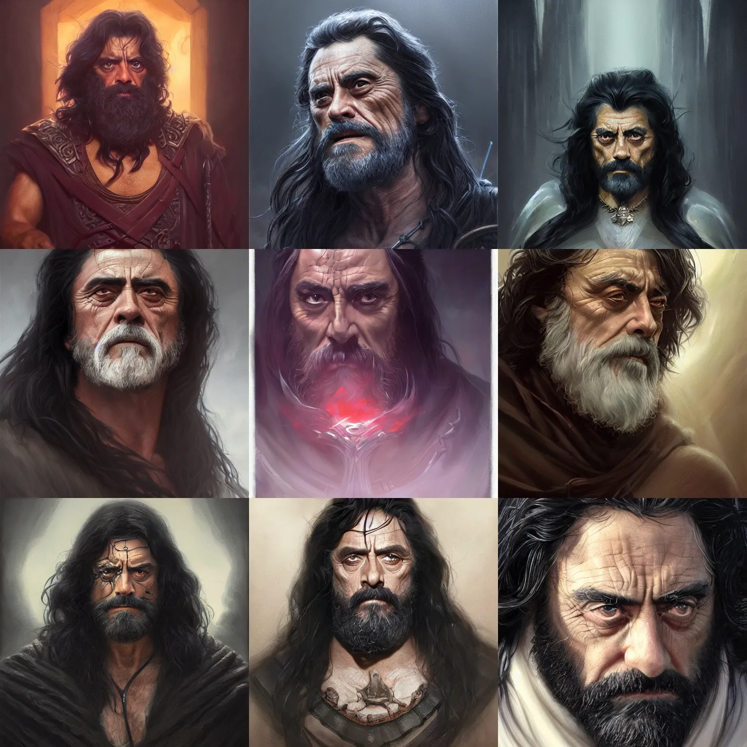 Prompt: god of death, ian mcshane, long black hair, long black beard, d & d, fantasy, portrait, highly detailed, digital painting, trending on artstation, concept art, sharp focus, illustration, art by artgerm and greg rutkowski and magali villeneuve