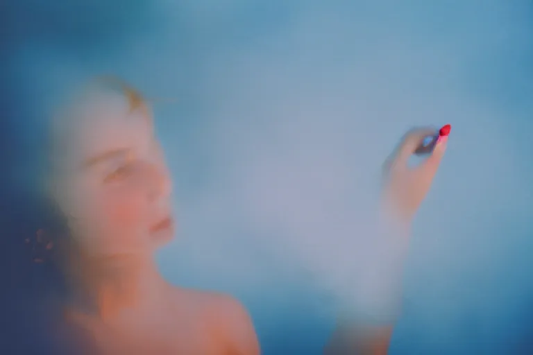 Prompt: film photography, gonzo, woman\'s mouth with smeared lipstick in motion blur in blue fog, golden hour, 35mm, motion blur