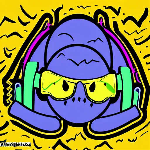 Image similar to svg sticker of a Pop-Wonder Alien-Bog-Monster-Swamp-Rat-Thunder-Coot-Racing-Fan at a rave, spinning records, giant headphones rocking out, wearing headphones, huge speakers, dancing, rave, DJ, spinning records, digital art, amazing composition, rule-of-thirds, award-winning, trending on artstation, featured on deviantart